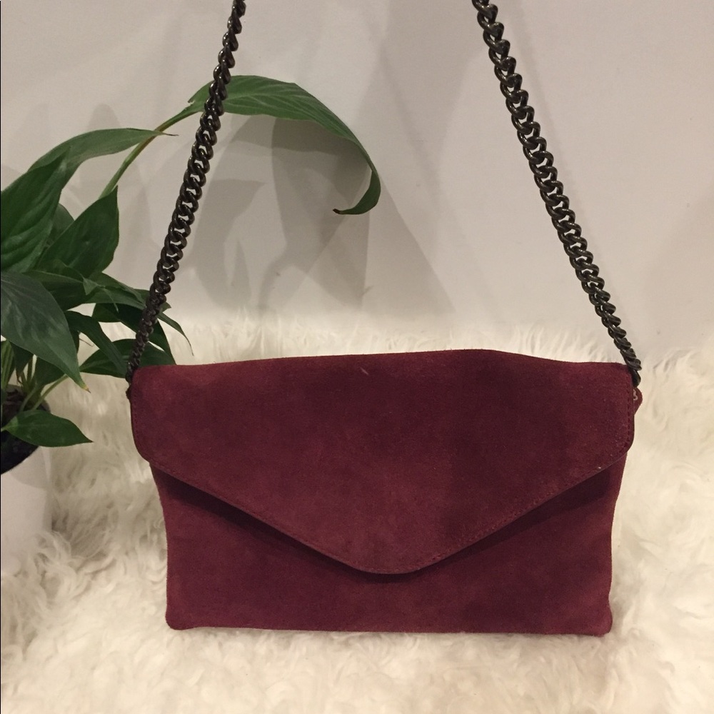 J Crew Burgundy suede envelope clutch.